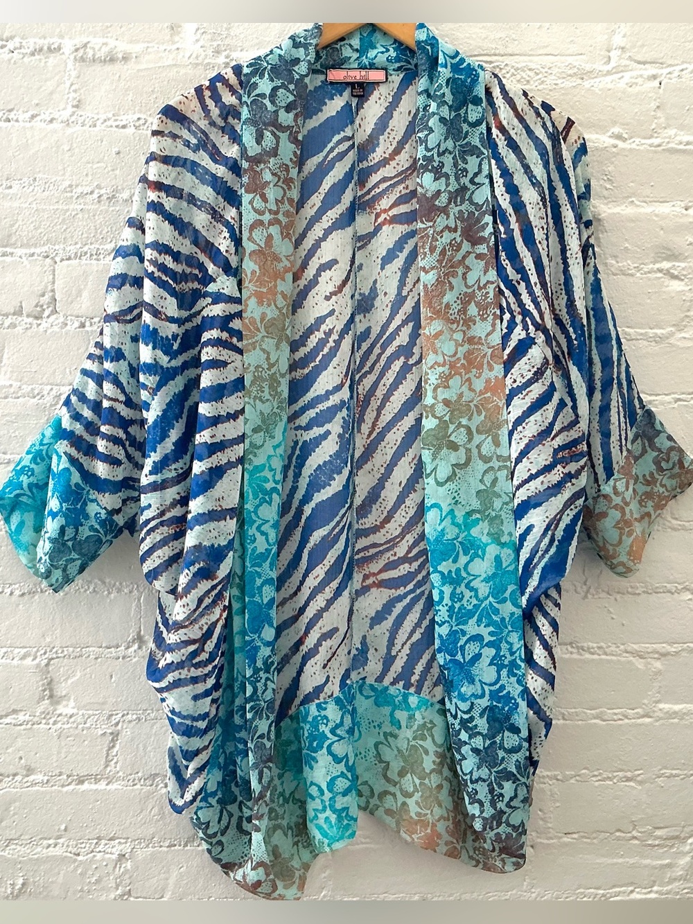 Olive Hill Blue Zebra Floral Kimono Cardigan Open Front Lightweight Coverup
